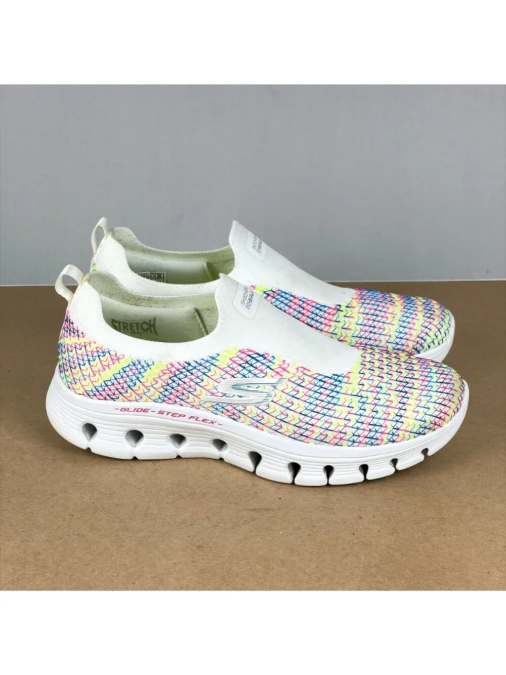 Skechers Go Walk Glide Step Flex Laceless Shoes Womens 8.5 White Multicolor Slip